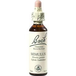 Braune Glasflasche mit weißem Etikett, darauf steht "Bach Original Bach-Blüten Mimulus".