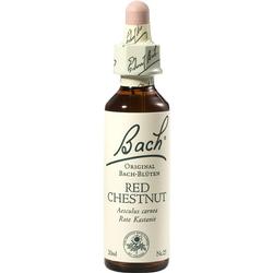 Braune Flasche mit weißem Etikett und der Aufschrift "Bach Red Chestnut".