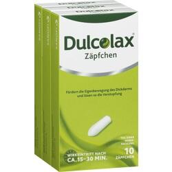 Grüne Packung Dulcolax-Zäpfchen mit 10 Stück für schnelle Darmbewegung.
