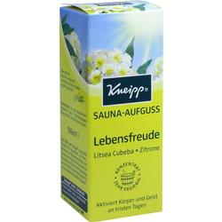 Gelbe Verpackung eines Sauna-Aufgusses mit Zitronendruck und dem Namen "Lebensfreude".