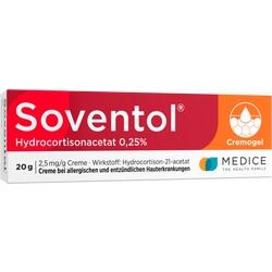 Weiße Creme-Verpackung mit rotem und orangem Design, "Soventol" ist groß geschrieben.