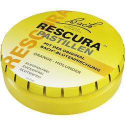 Gelbe Dose mit Rescura Pastillen, Orange-Holunder-Geschmack, alkohol-, zucker- und glutenfrei.